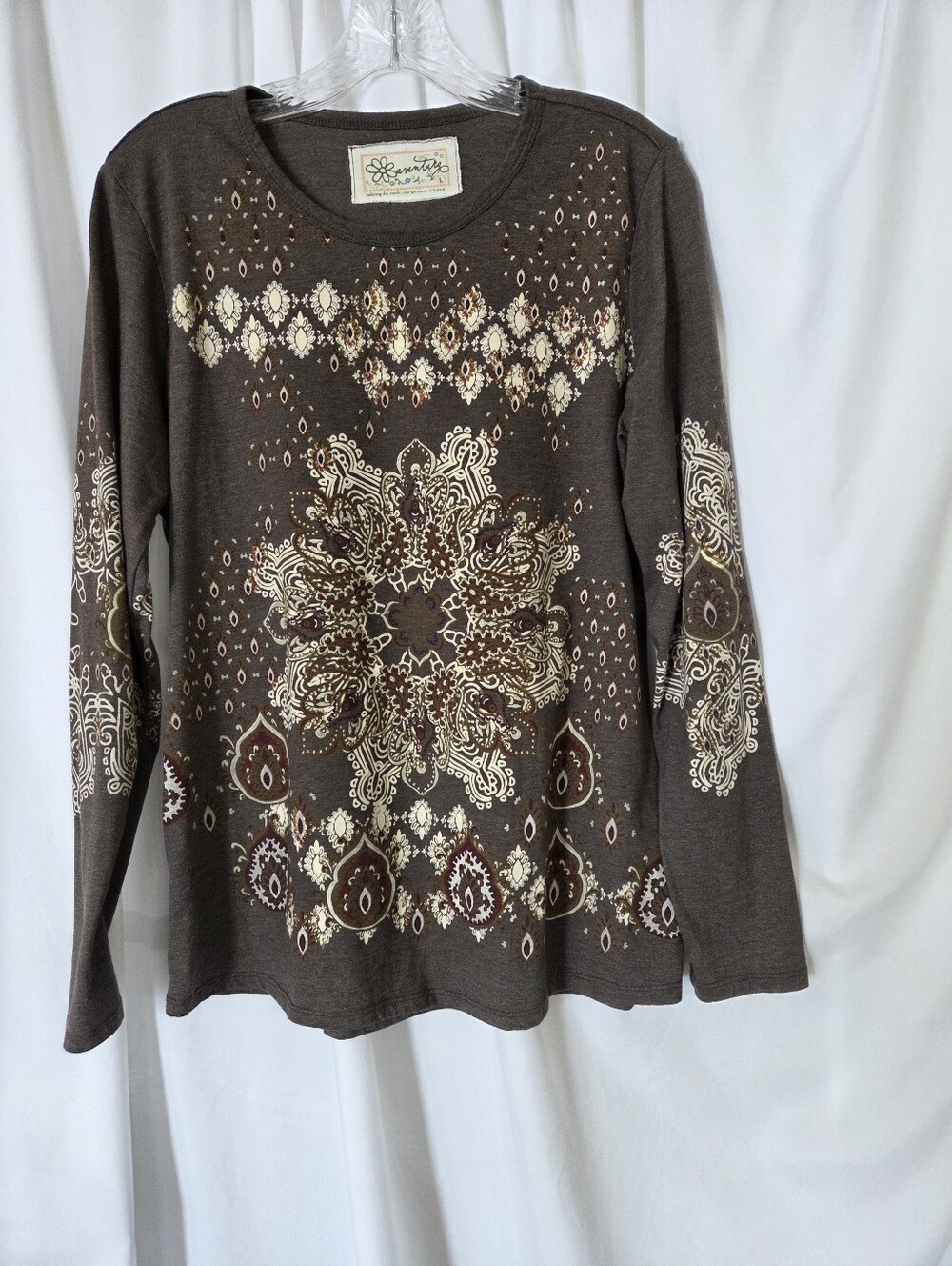 Aventura Fall Brown Long Sleeve Tee with Cream and Maroon Medallion Print Size L